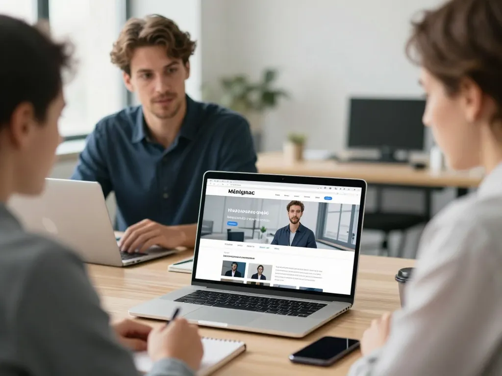Un expert en stratégie digitale et son client discutent d'un projet web dans un bureau moderne à Mérignac.