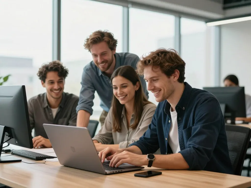 Une équipe d'experts en vente en ligne travaillant ensemble dans une agence de Bordeaux pour une stratégie e-commerce.