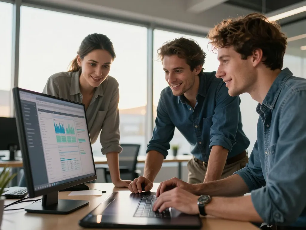 Équipe d'experts d'une agence digitale bordelaise travaillant sur la refonte d'un site internet dans un bureau moderne.