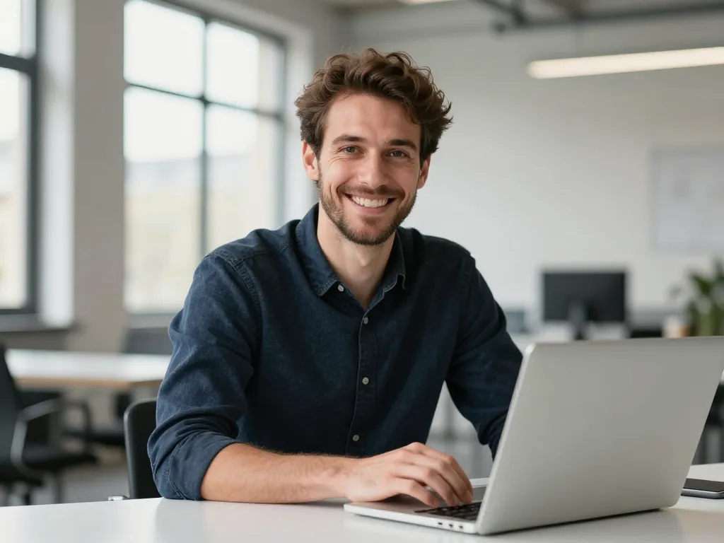 Expert en stratégie digitale souriant dans un bureau moderne aux Chartrons à Bordeaux pour une agence web.
