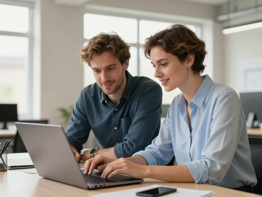 Deux experts du web en pleine collaboration sur une stratégie digitale dans une agence des Chartrons à Bordeaux.