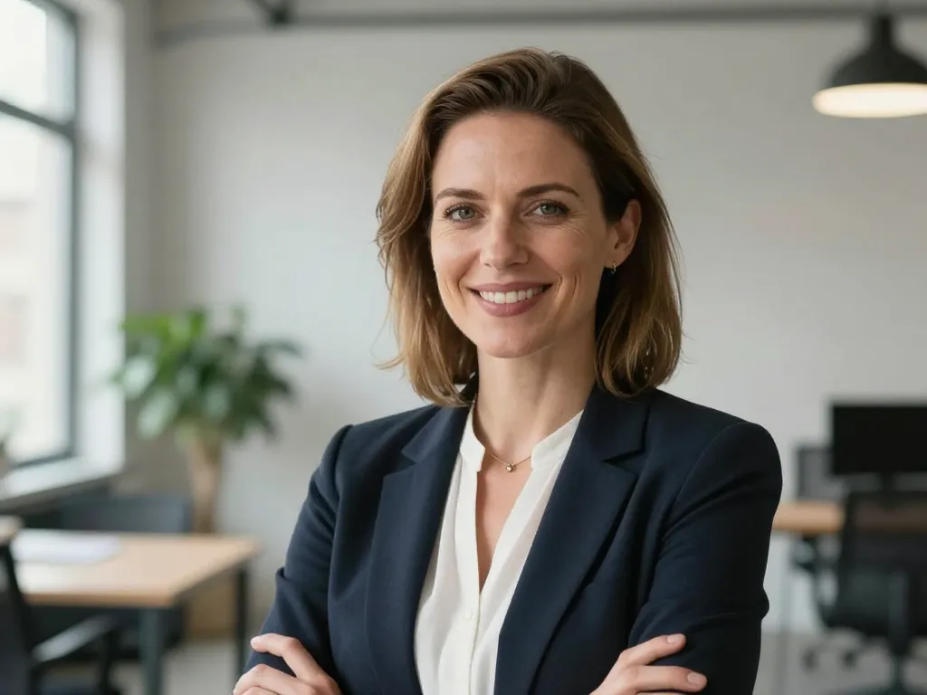 Portrait d'une experte en stratégie digitale souriante dans un bureau moderne du quartier des Chartrons à Bordeaux.