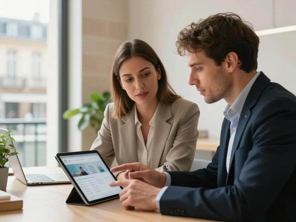 Équipe de l'agence web des Chartrons à Bordeaux collaborant sur la stratégie digitale d'un client autour d'une tablette.