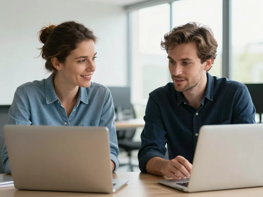 Duo de professionnels du web souriants dans une agence aux Chartrons à Bordeaux illustrant une stratégie digitale humaine.