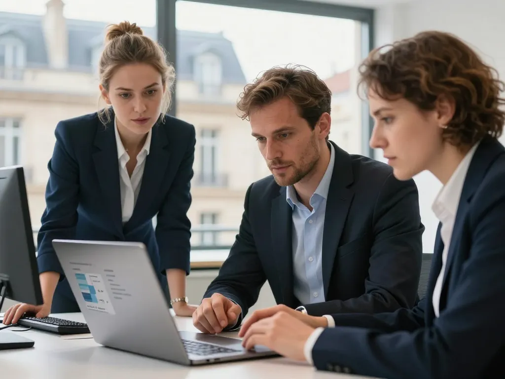 Équipe de professionnels bordelais collaborant sur la stratégie SEO d'un site internet dans un bureau lumineux.
