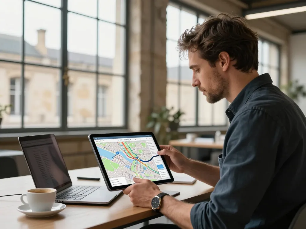 Consultant web dans son agence située aux Chartrons à Bordeaux analysant la carte du quartier des Bassins à Flot sur une tablette professionnelle.