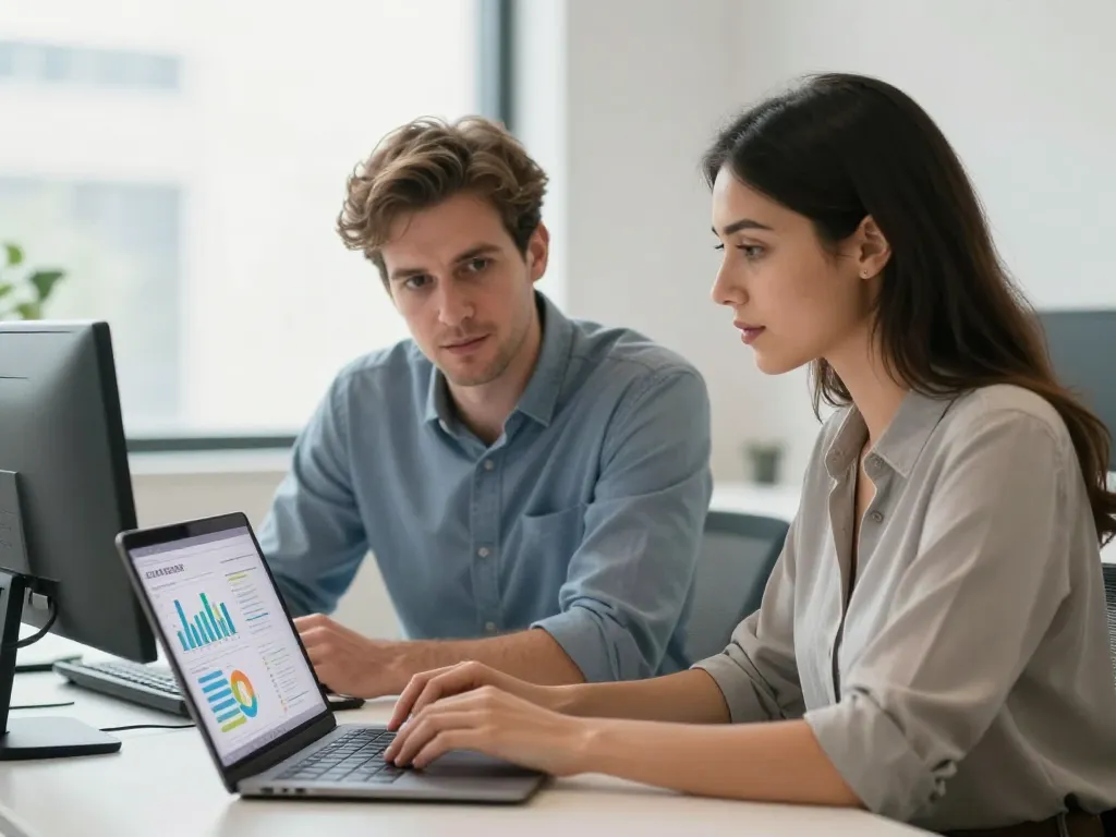 Deux professionnels d'une agence web bordelaise collaborant sur la stratégie de référencement naturel d'un projet client.