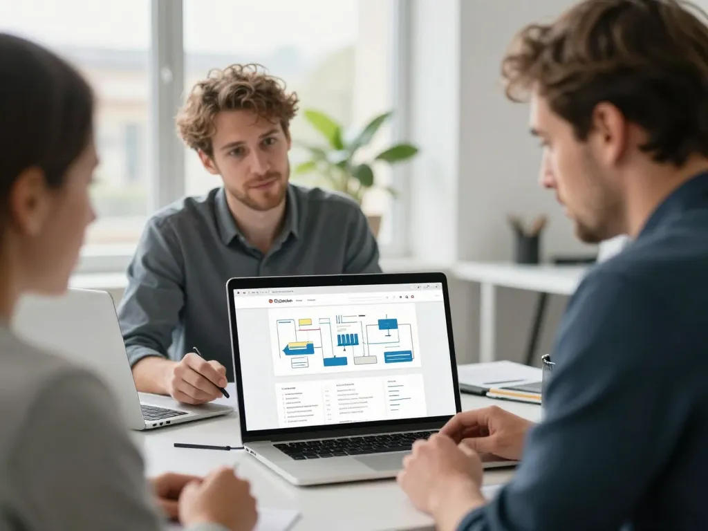 Deux professionnels du web collaborant sur un projet numérique sur mesure dans un bureau moderne à Bordeaux.