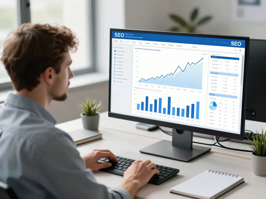 Expert en stratégie digitale analysant des graphiques de performance et des données d'audit SEO sur un écran dans un bureau moderne.