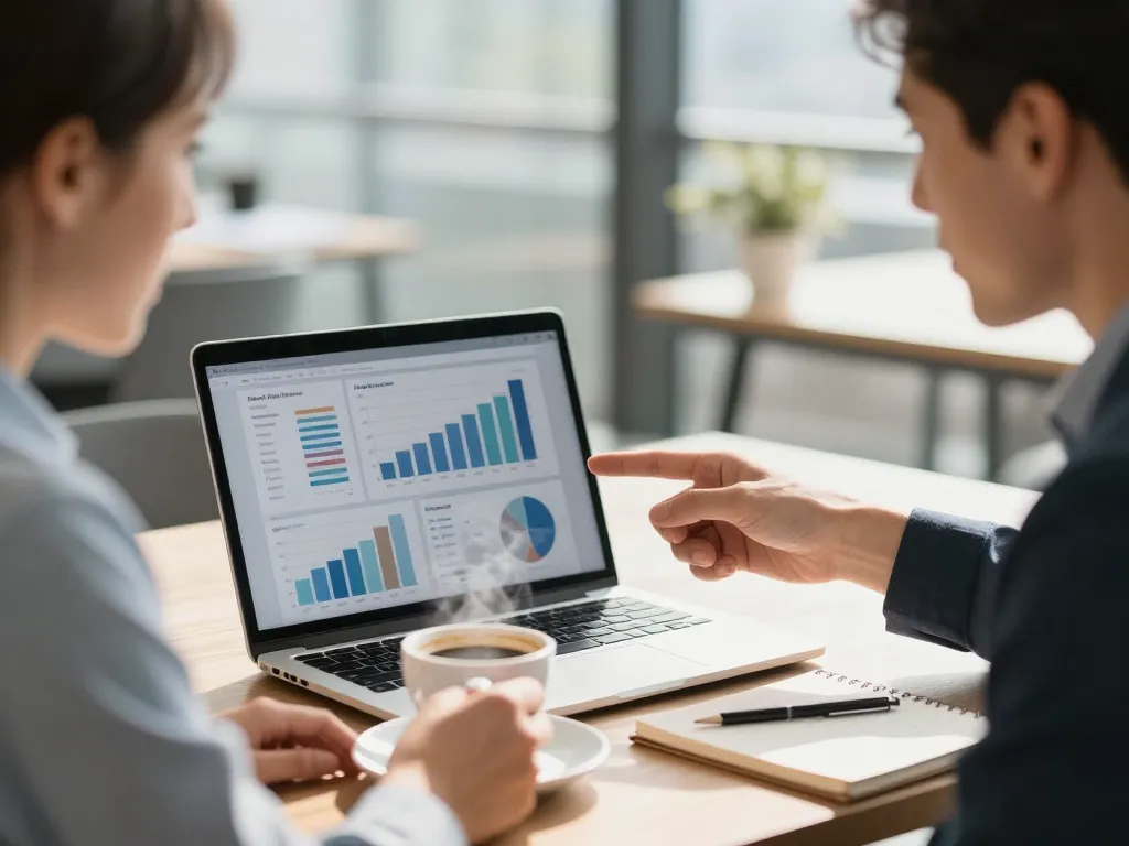 Un expert en création de site web et son client discutant de la stratégie digitale autour d'un café dans un bureau lumineux.