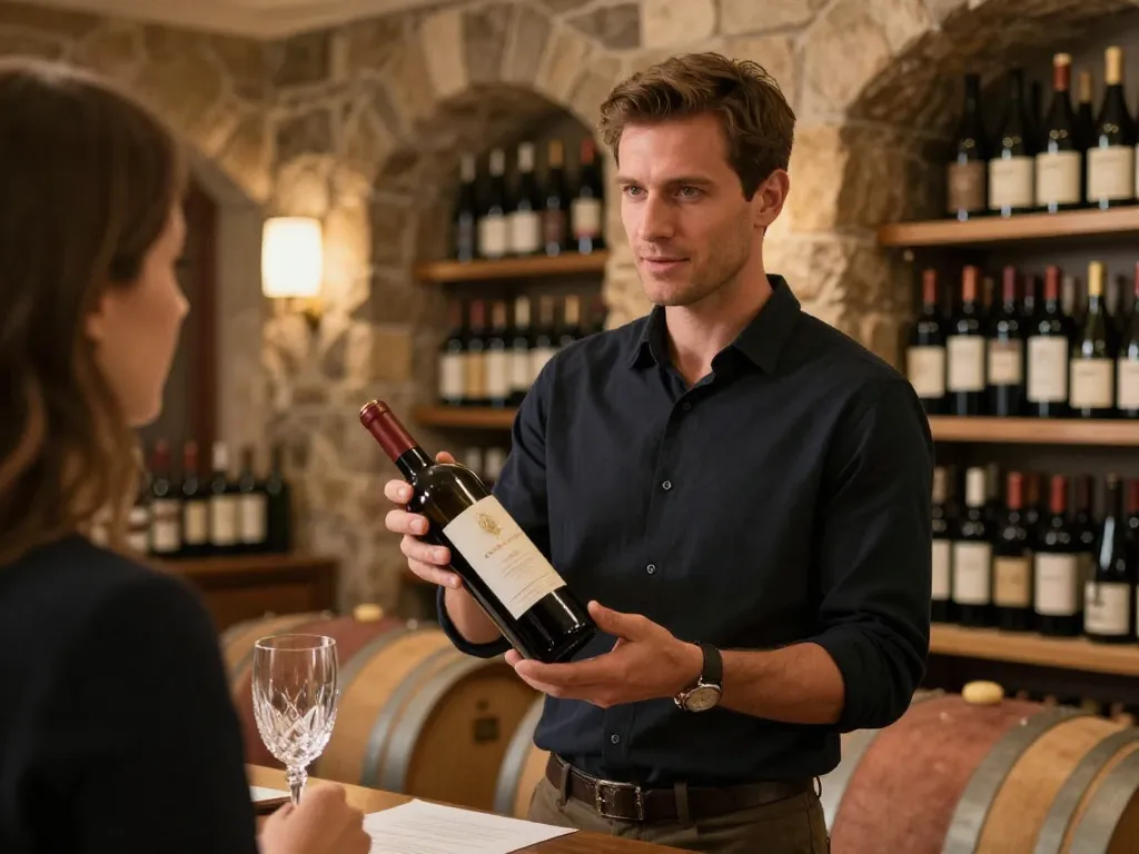 Expert en œnologie présentant une bouteille de vin prestigieuse dans une cave de château traditionnelle.