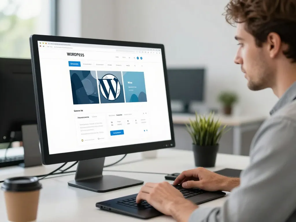 Un designer web professionnel travaillant sur la création d'une interface UI/UX personnalisée pour un projet WordPress dans un bureau lumineux.