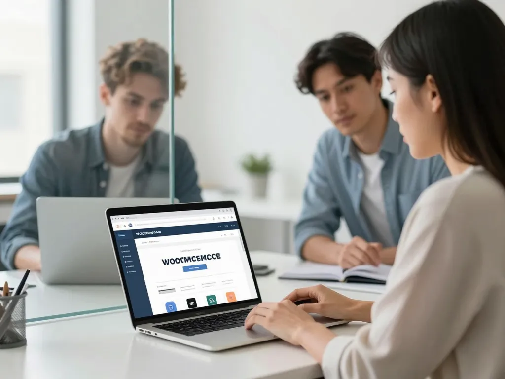 Un designer web et une cliente travaillant ensemble sur la création d'une boutique en ligne WooCommerce dans un bureau lumineux.
