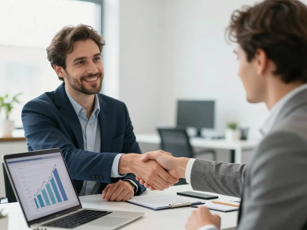 Consultant SEO à Bordeaux et son partenaire d'affaires se serrant la main devant des graphiques de progression de trafic.