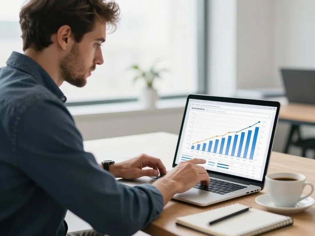 Consultant SEO à Bordeaux analysant des graphiques de performance pour une croissance mesurable sur un ordinateur.