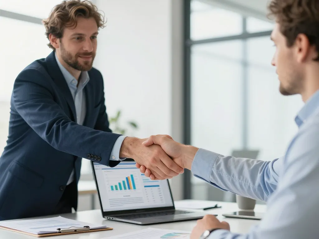 Un consultant SEO à Bordeaux serrant la main d'un partenaire d'affaires dans un bureau moderne pour illustrer la croissance et la confiance.
