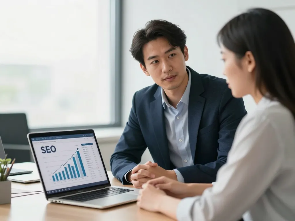 Un consultant SEO à Bordeaux collabore avec une partenaire d'affaires autour d'un ordinateur montrant des graphiques de croissance.