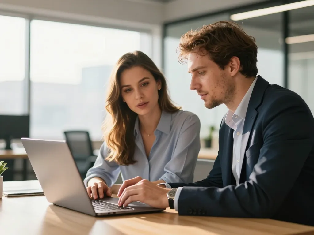 Deux consultants en réunion dans un espace de travail collaboratif et dynamique pour une startup.