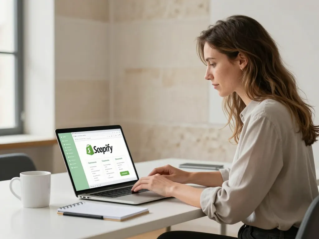 Une femme entrepreneuse devant son ordinateur gérant sa boutique en ligne Shopify dans un bureau lumineux à Bordeaux.