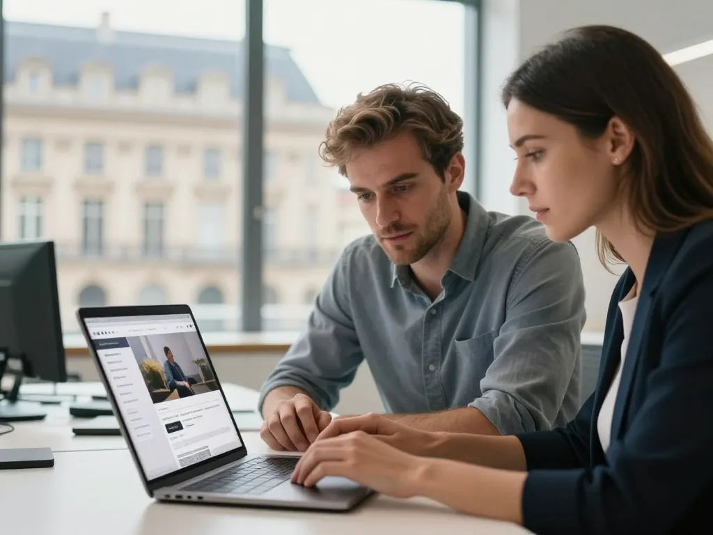 Professionnels du web en pleine création d'un site internet sur mesure dans un bureau moderne à Bordeaux.