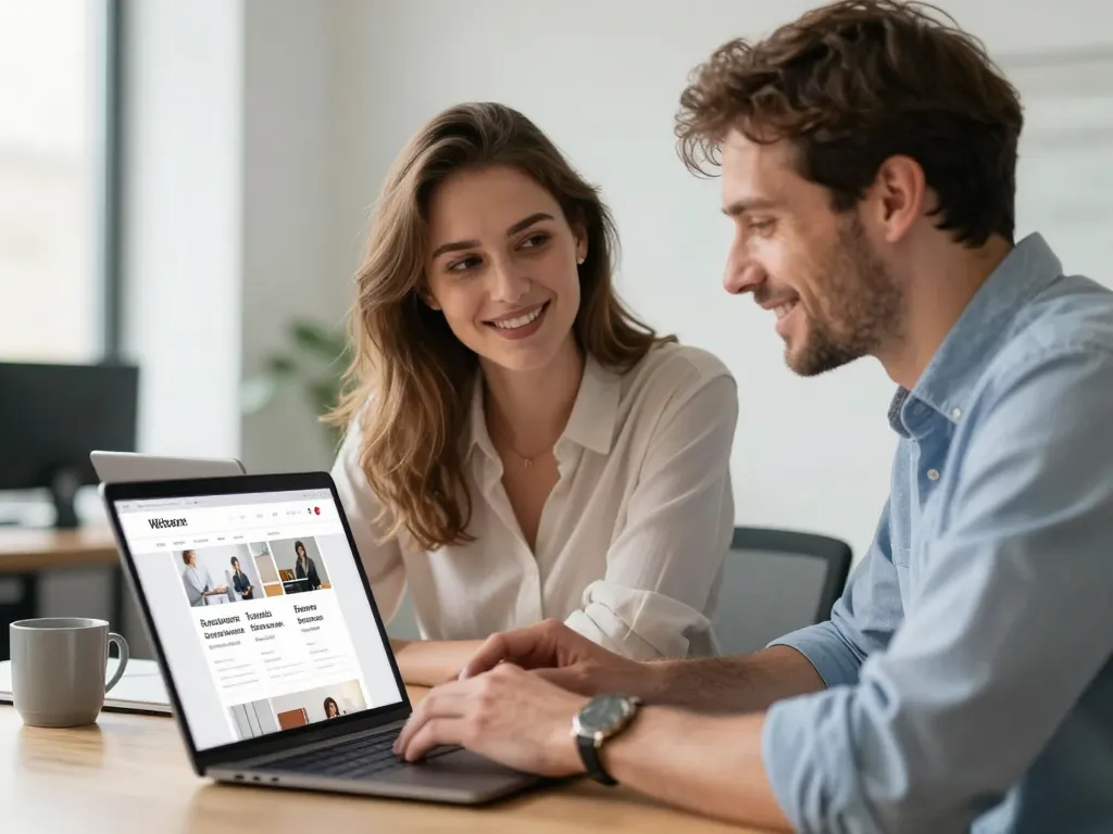 Collaboration entre une experte en création de sites internet et son partenaire professionnel dans un bureau lumineux à Bordeaux pour un projet SEO.