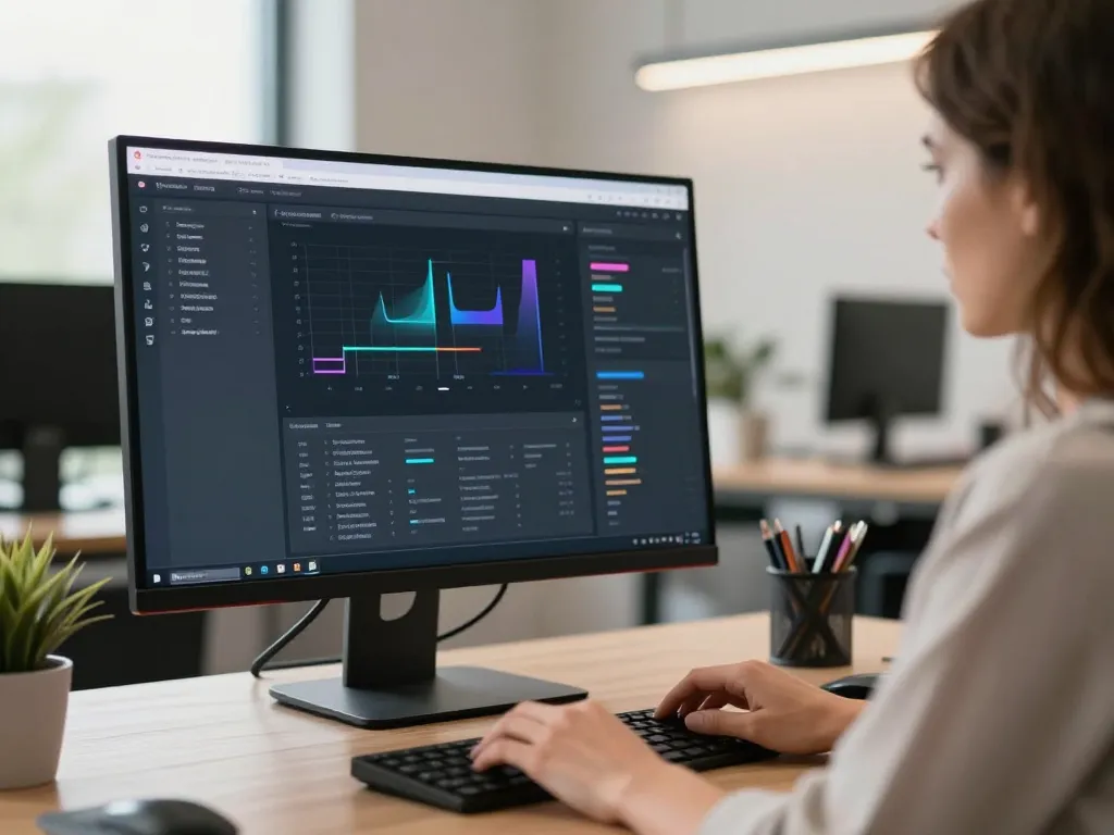 Une experte en développement web travaillant sur une interface de site internet sur mesure dans un bureau lumineux à Bordeaux.