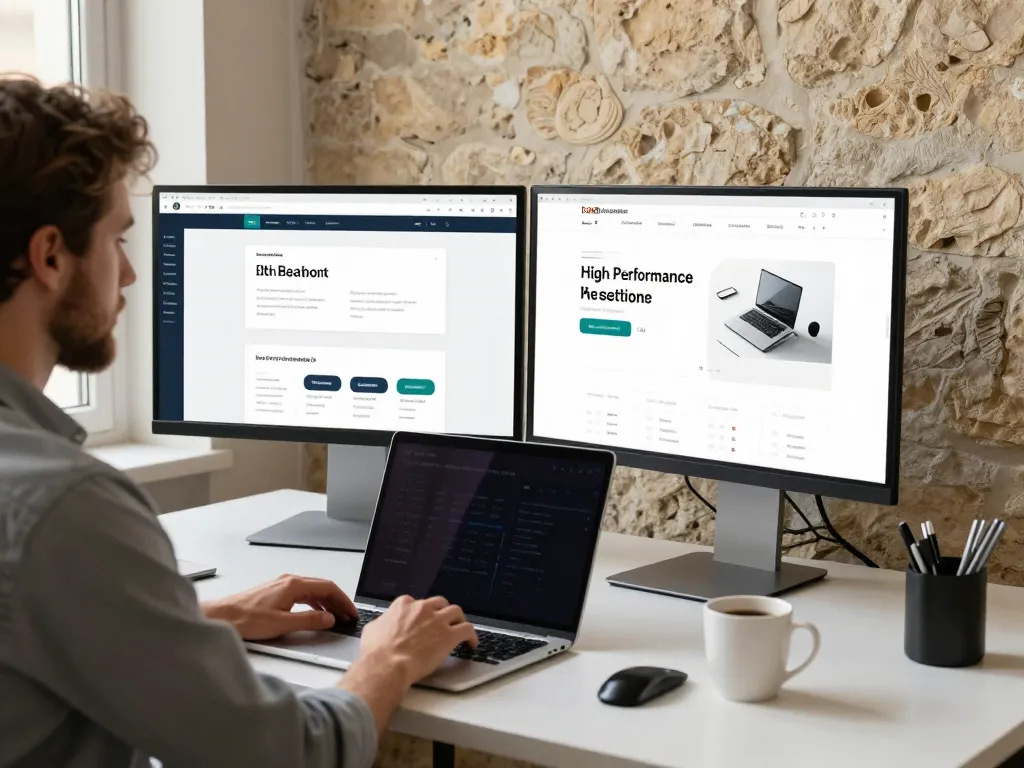 Un développeur professionnel travaillant sur la conception d'un site web performant et sur mesure dans un bureau moderne et lumineux.