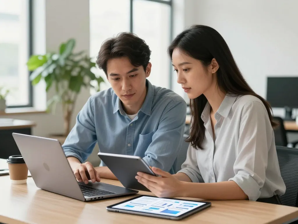 Deux experts du web collaborant avec dynamisme sur la conception d'un site vitrine et d'une boutique e-commerce dans un bureau moderne.