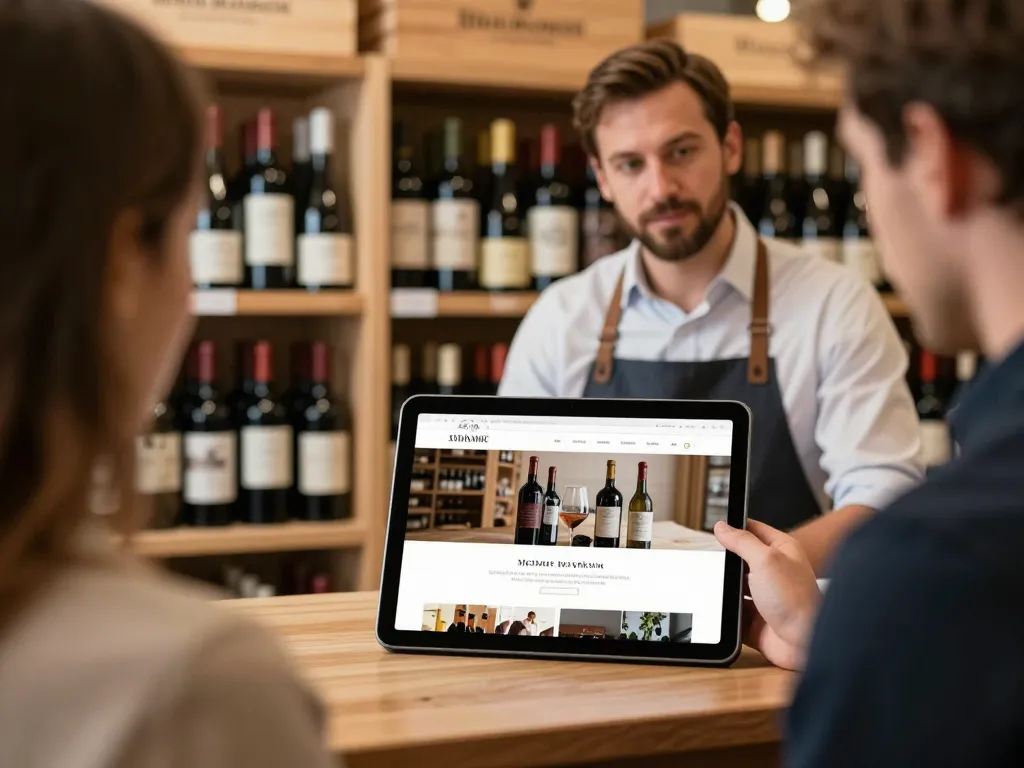 Sommelier présentant le nouveau site internet de sa boutique de vins à Bordeaux sur une tablette numérique.