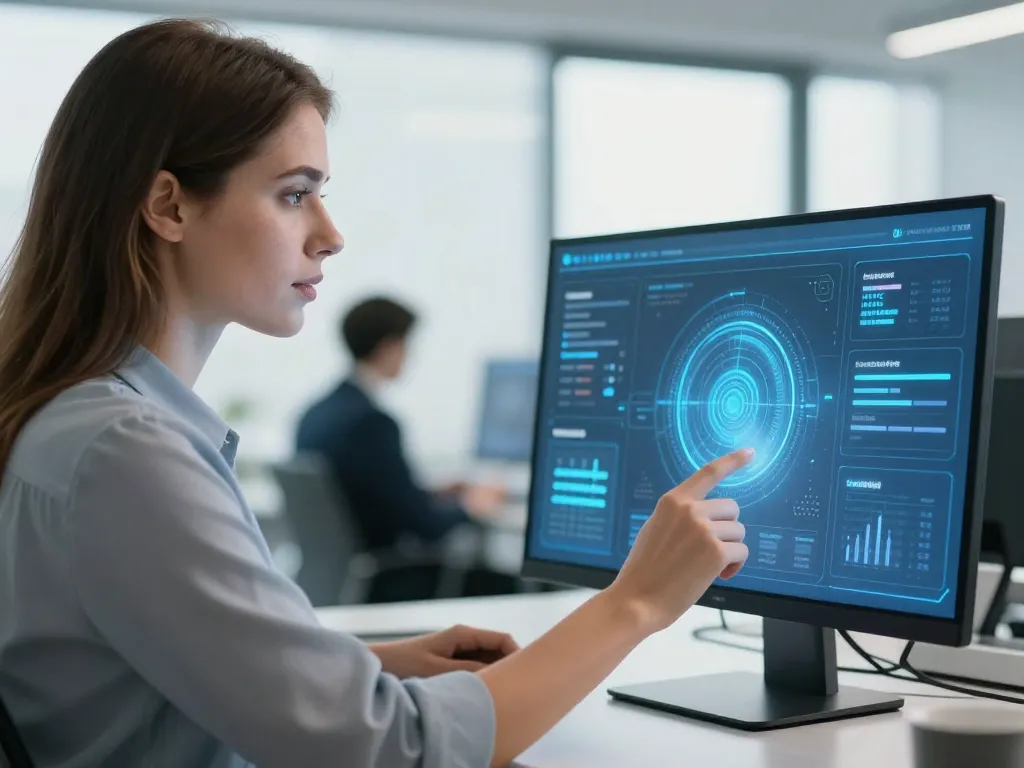 Une professionnelle utilisant une interface interactive d'intelligence artificielle sur une plateforme web moderne avec des visualisations de données.