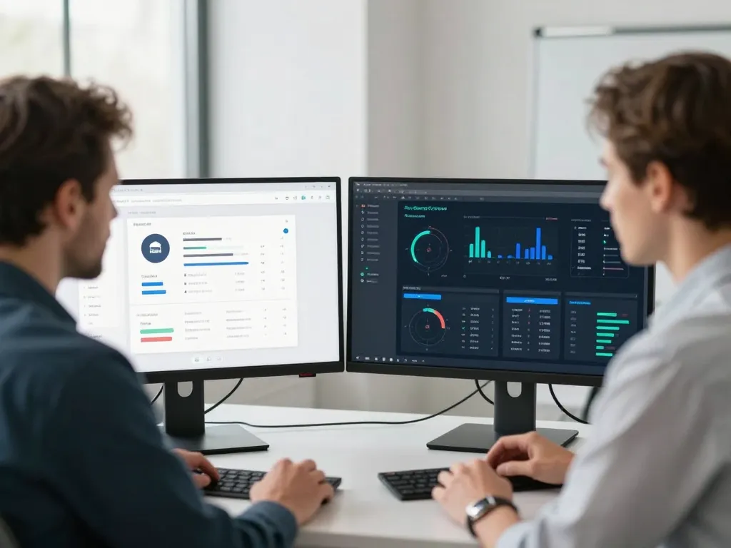 Une équipe de professionnels du web travaillant sur une interface utilisateur moderne et des graphiques de performance SEO dans un studio de design haut de gamme.
