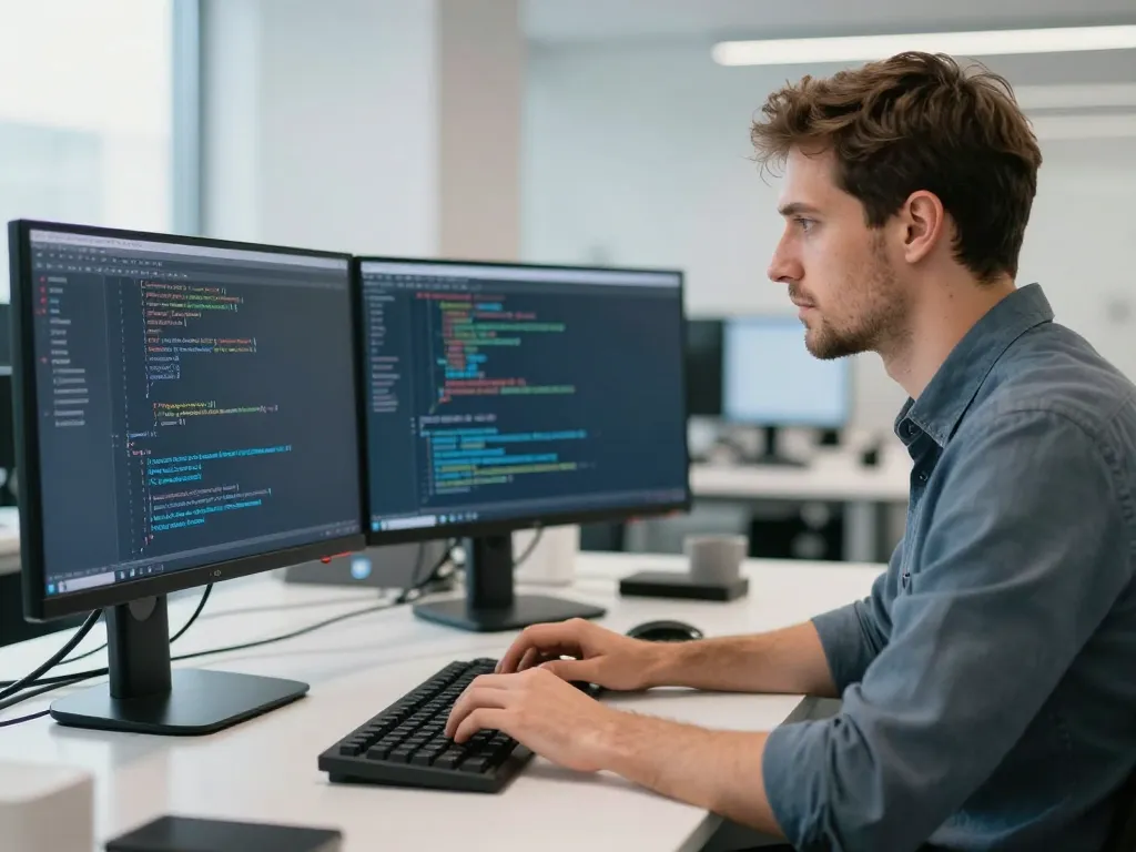 Développeur web concentré travaillant sur l'intégration de code complexe devant plusieurs écrans dans un bureau moderne.