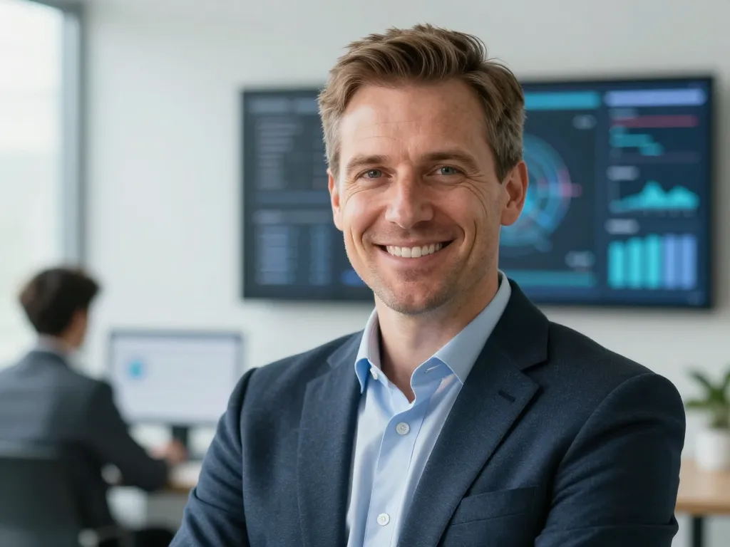 Portrait professionnel du directeur SEO au sein d'un bureau moderne et lumineux