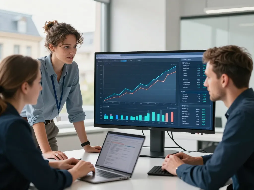 Équipe de consultants SEO à Bordeaux collaborant autour d'un tableau de bord de pilotage data et de rentabilité.