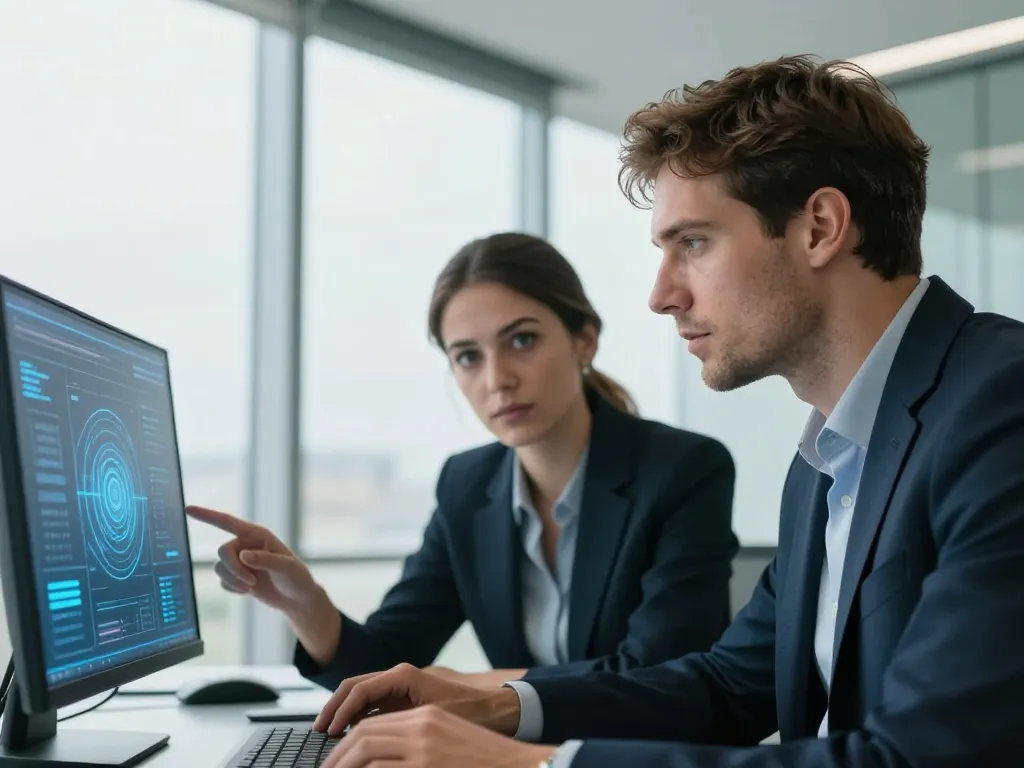 Deux experts du digital collaborant sur une interface technologique innovante dans un bureau moderne et lumineux.