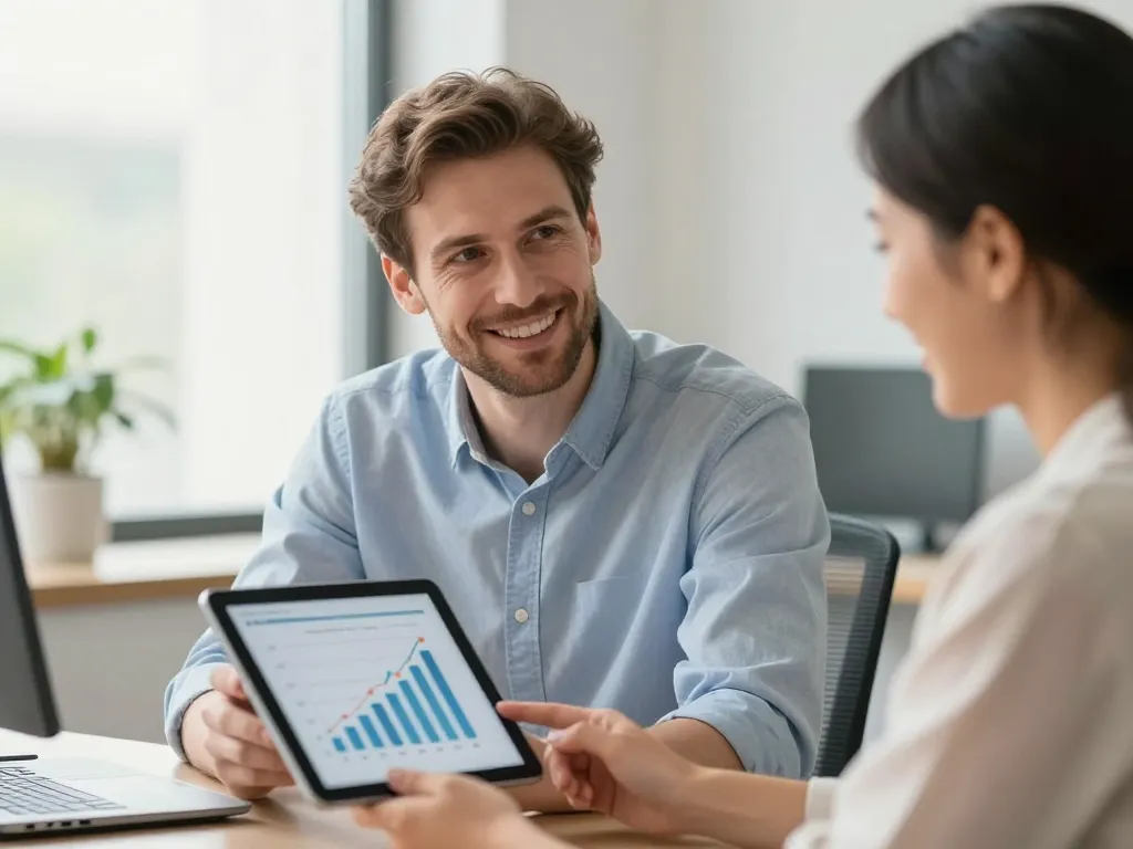 Expert en référencement naturel présentant une stratégie de croissance digitale à un dirigeant de commerce de proximité dans un bureau moderne.