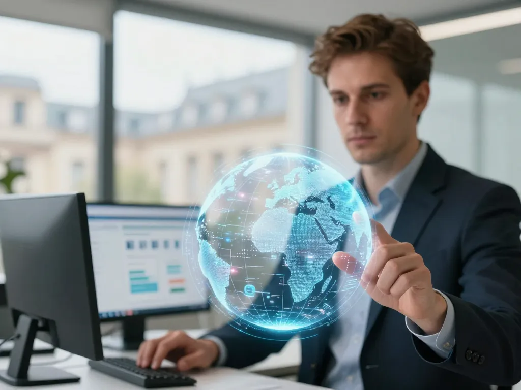 Expert WordPress à Bordeaux manipulant un globe technologique lumineux dans un bureau moderne pour illustrer la connectivité numérique.