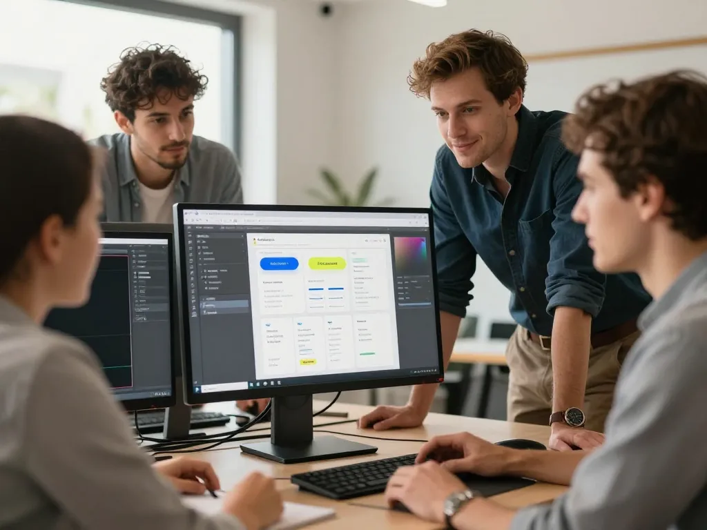 Équipe d'experts en développement et design d'interface collaborant sur un projet de refonte de site web dans une agence bordelaise.