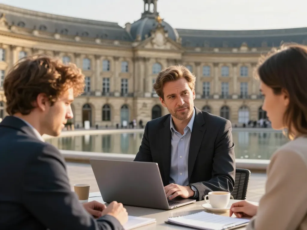 Expert WordPress et cliente discutant d'un projet web devant la Place de la Bourse à Bordeaux
