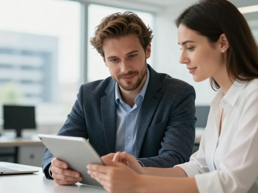 Deux experts en stratégie digitale discutant autour d'une tablette dans un bureau moderne à Mérignac.