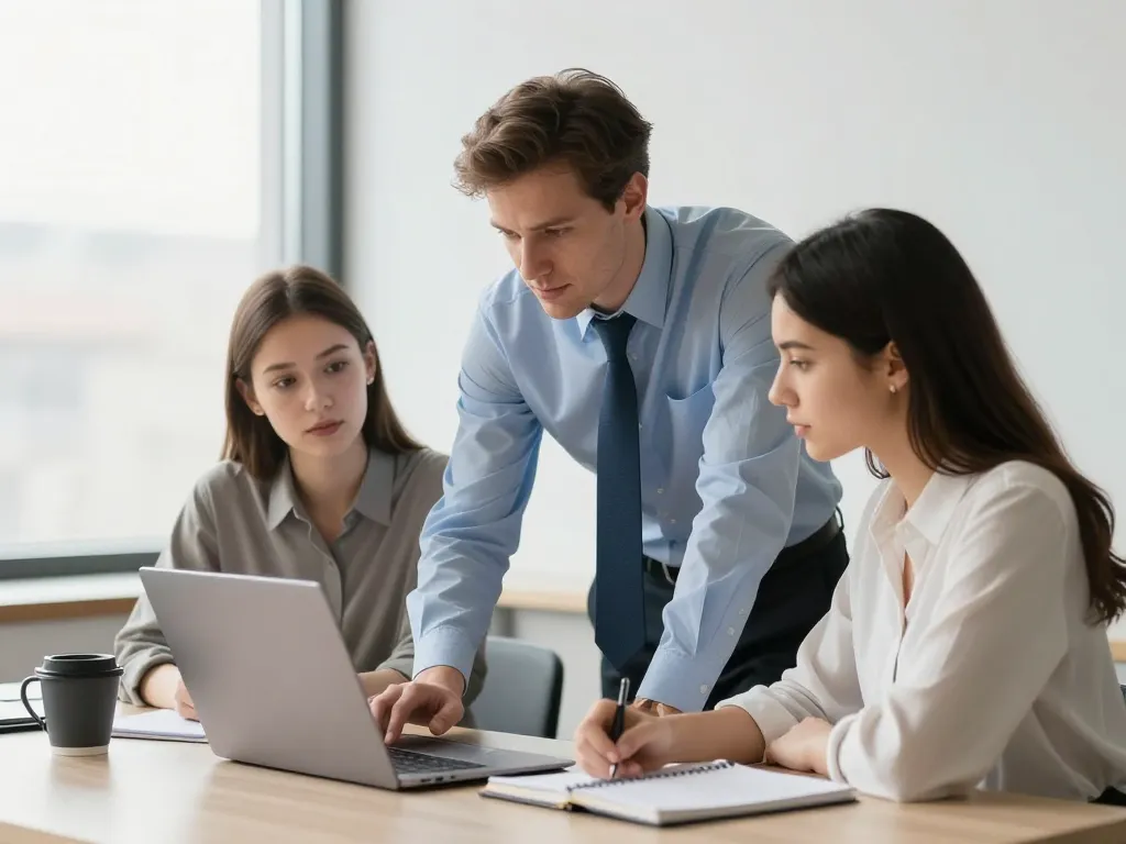 Un groupe de professionnels en session de formation au développement web autour d'un ordinateur portable dans un bureau lumineux.