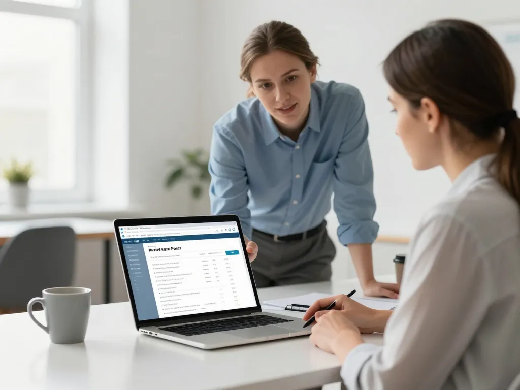 Un formateur expert et une entrepreneuse collaborent autour d'un ordinateur affichant l'interface WordPress dans un bureau moderne.