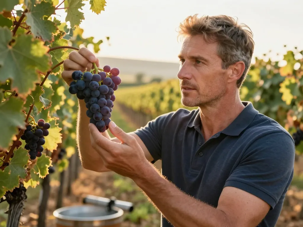 Un vigneron expert examinant avec soin une grappe de raisin mûre dans un vignoble ensoleillé pour un projet viticole.