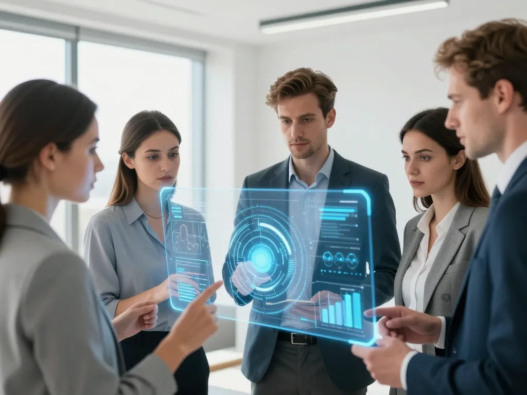 Équipe de professionnels en réunion autour d'une interface numérique interactive et dynamique dans un bureau moderne.