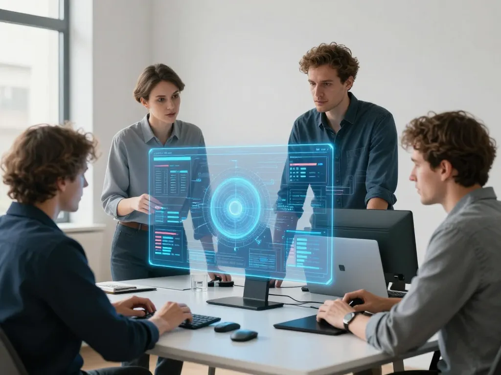 Professionnels du web analysant des graphiques de données interactifs et performants dans un bureau moderne.