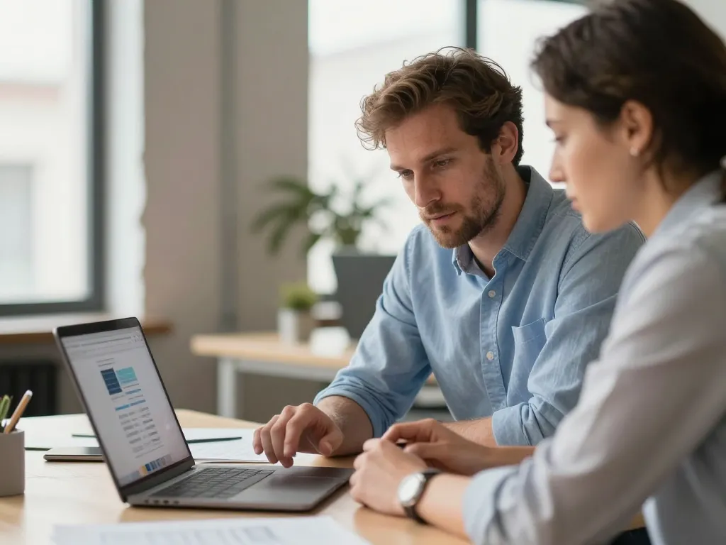 Marc D. et son client discutant du lancement réussi d'un site web dans une agence moderne de Bordeaux.