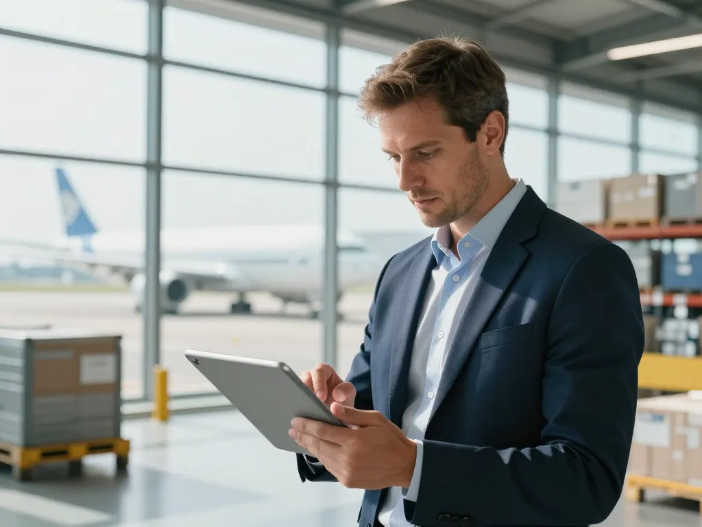 Expert en logistique aéroportuaire utilisant une tablette numérique dans un entrepôt moderne à Mérignac.