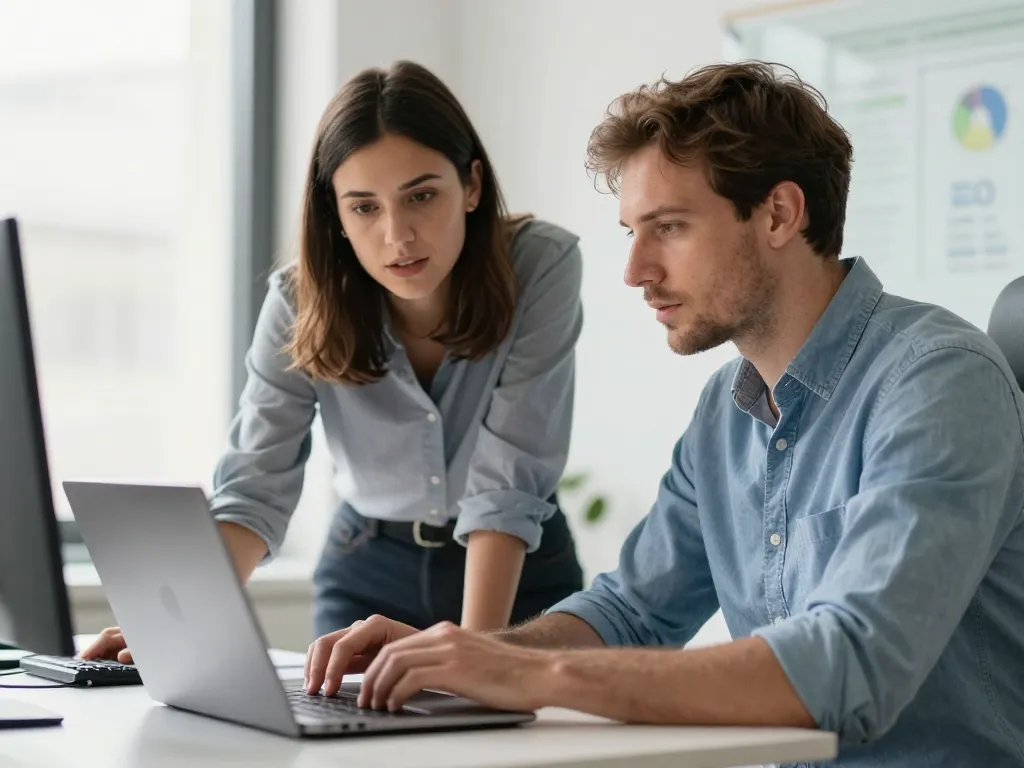Marc Dupont et une experte SEO discutant d'une stratégie d'acquisition de trafic devant un écran d'ordinateur.