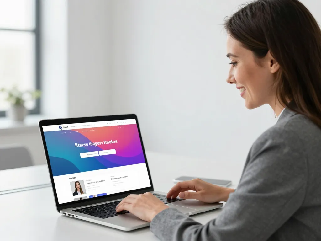 Une femme d'affaires souriante devant un écran affichant une interface web moderne et fluide dans un bureau lumineux.