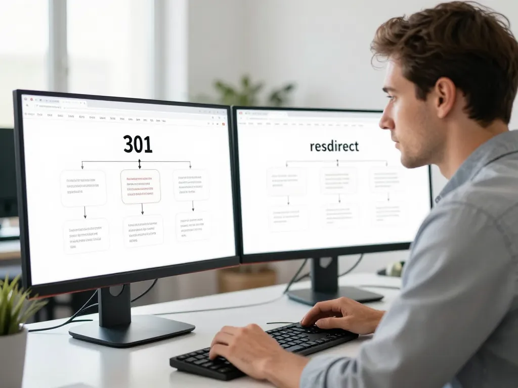 Professionnel du web travaillant sur l'optimisation sémantique et la redirection de liens lors d'une refonte de site.